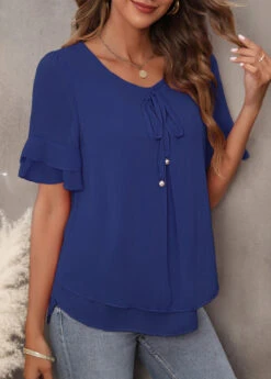 Navy Blue Tie Front Layered Hem T Shirt -Modlily Shop 307978 P 16563266070313