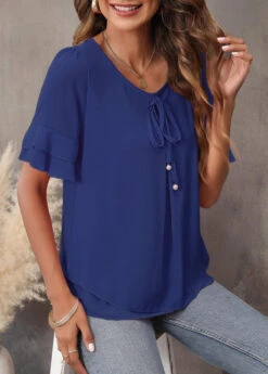 Navy Blue Tie Front Layered Hem T Shirt -Modlily Shop 307978 P 16563266075822