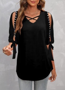 Pearl Design Cold Shoulder Black T Shirt -Modlily Shop 308087 P 1656402201206