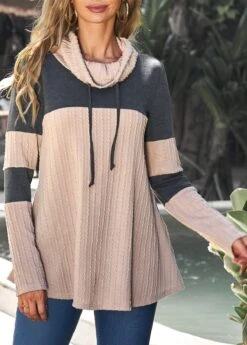 Light Tan Cowl Neck Drawstring Contrast Sweatshirt -Modlily Shop 308280 P 16601082956004