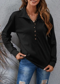 Black Button Long Sleeve T Shirt -Modlily Shop 308589 P 1657005398708