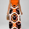 Orange Geometric Print Halter Maxi Dress