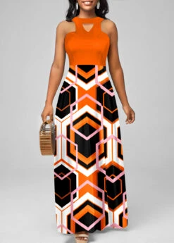 Orange Geometric Print Halter Maxi Dress