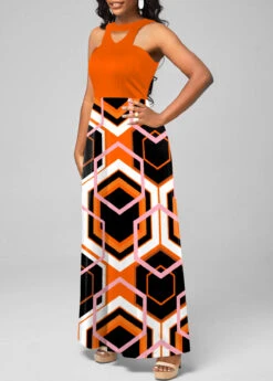 Orange Geometric Print Halter Maxi Dress -Modlily Shop 308782 P 1657174629493