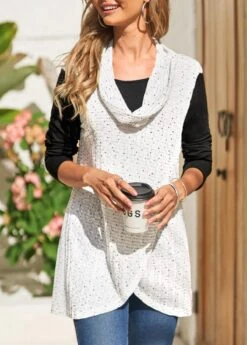 White Fake 2in1 Long Sleeve Cowl Neck Sweatshirt