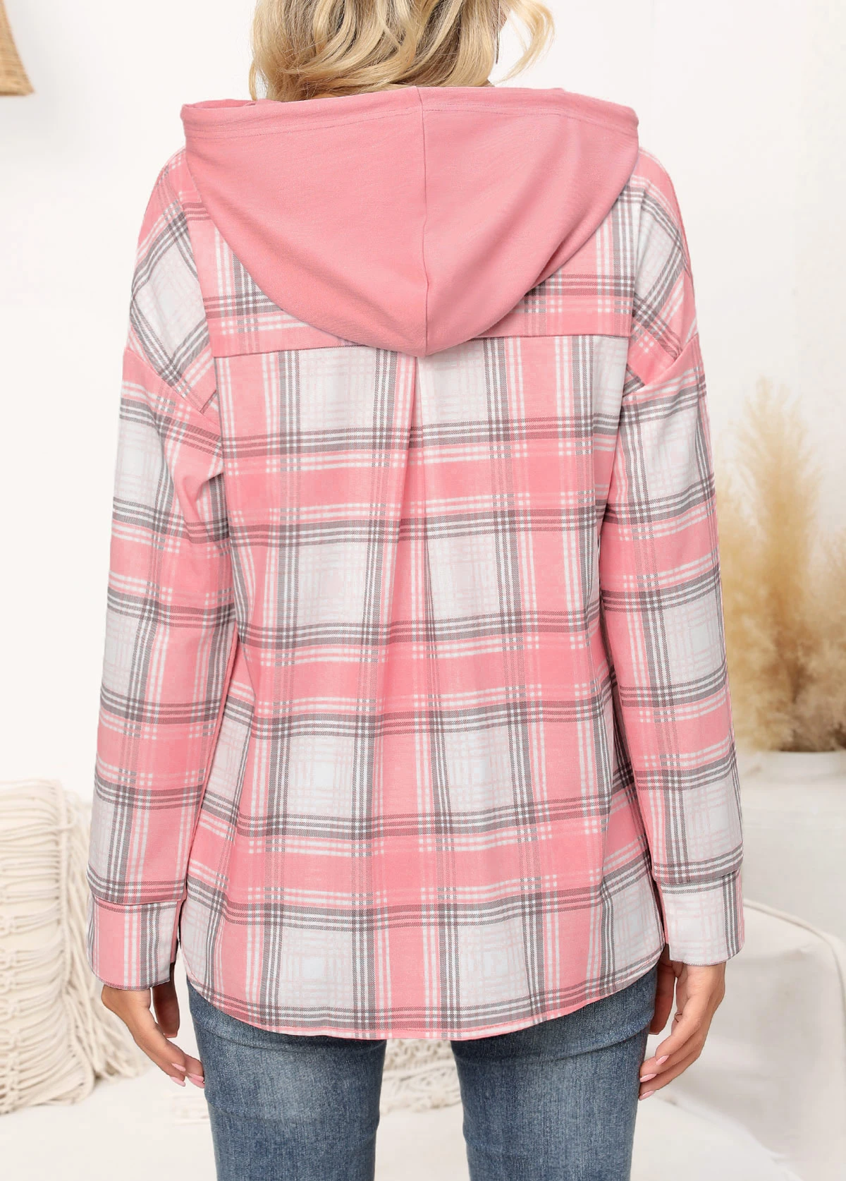 Pink Fake 2in1 Tartan Print Long Sleeve Hoodie 3 Pink Fake 2in1 Tartan Print Long Sleeve Hoodie