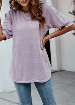 Purple Decorative Button Half Sleeve T Shirt -Modlily Shop 309581 P 1658915949517