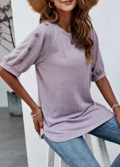 Purple Decorative Button Half Sleeve T Shirt -Modlily Shop 309581 P 1658915949551