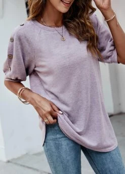 Purple Decorative Button Half Sleeve T Shirt -Modlily Shop 309581 P 1658915949936