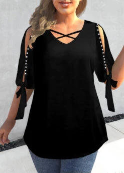 Pearl Design Cold Shoulder Black T Shirt -Modlily Shop 309608 P 1658129839255