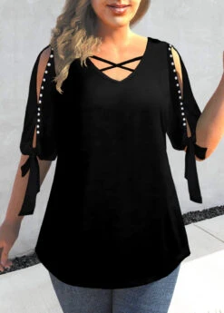 Pearl Design Cold Shoulder Black T Shirt -Modlily Shop 309608 P 1658129839702