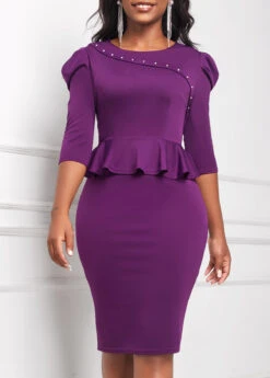 Purple Faux Two Piece 3/4 Sleeve Dress -Modlily Shop 309745 P 16609050849380