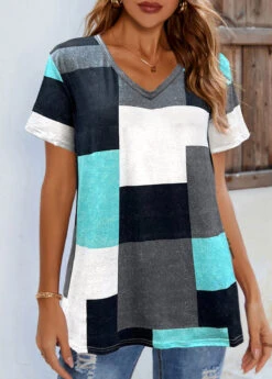 Cyan Contrast V Neck Short Sleeve T Shirt -Modlily Shop 310163 P 16595092316762