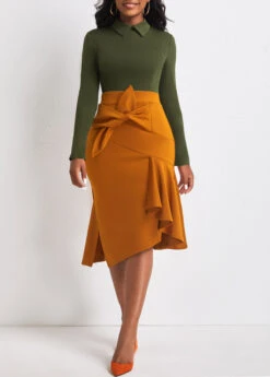 Blackish Green Bowknot Contrast Side Slit Dress