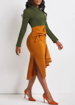 Blackish Green Bowknot Contrast Side Slit Dress -Modlily Shop 310344 P 16632042548972