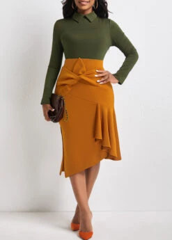 Blackish Green Bowknot Contrast Side Slit Dress -Modlily Shop 310344 P 16632042556874