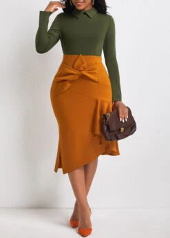 Blackish Green Bowknot Contrast Side Slit Dress -Modlily Shop 310344 P 16632042559843