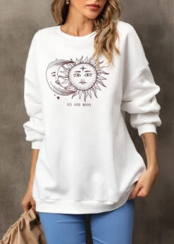 White Sun And Moon Print Long Sleeve Sweatshirt -Modlily Shop 310586 P 16620297730743