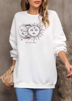 White Sun And Moon Print Long Sleeve Sweatshirt -Modlily Shop 310586 P 16620297732174