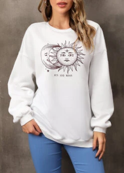 White Sun And Moon Print Long Sleeve Sweatshirt -Modlily Shop 310586 P 16620297734922