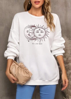 White Sun And Moon Print Long Sleeve Sweatshirt -Modlily Shop 310586 P 16620297738075