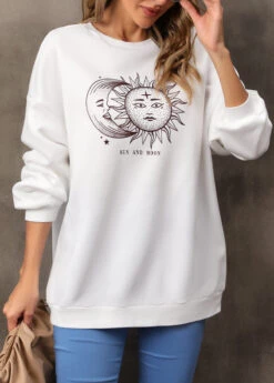 White Sun And Moon Print Long Sleeve Sweatshirt