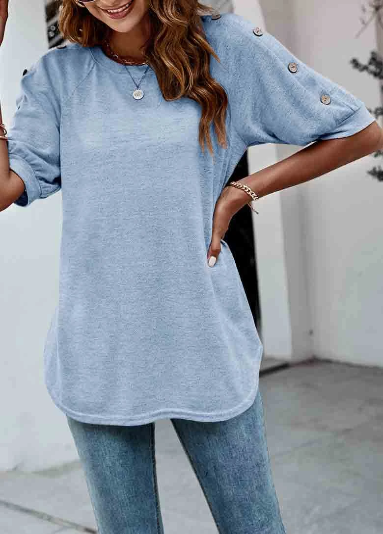 Decorative Button Light Blue Round Neck T Shirt 3 Decorative Button Light Blue Round Neck T Shirt