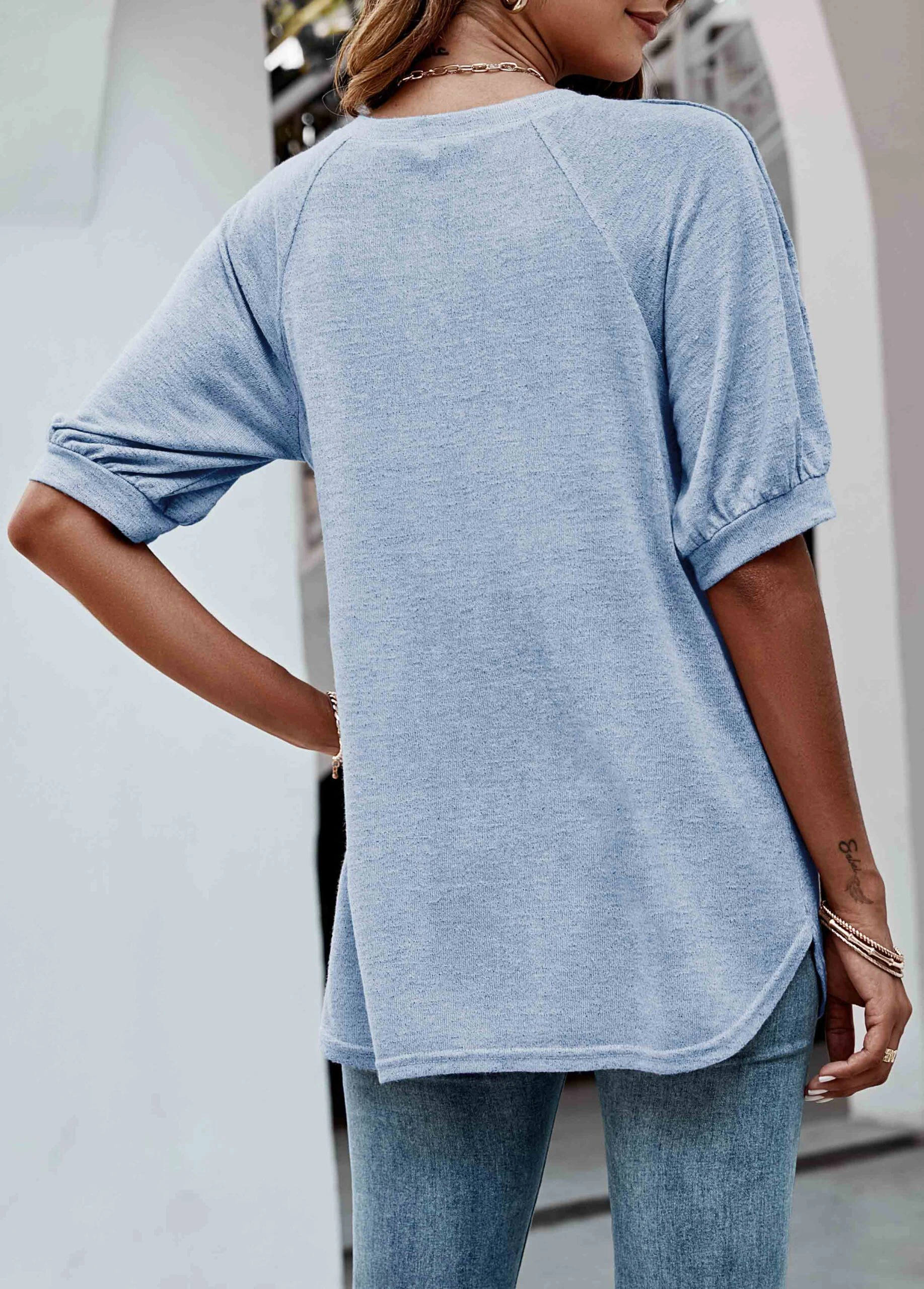 Decorative Button Light Blue Round Neck T Shirt 4 Decorative Button Light Blue Round Neck T Shirt - Image 2