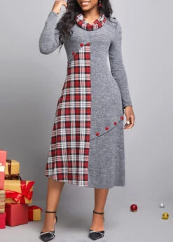 Dark Grey Button Tartan Print Dress -Modlily Shop 311134 P 16668575722597