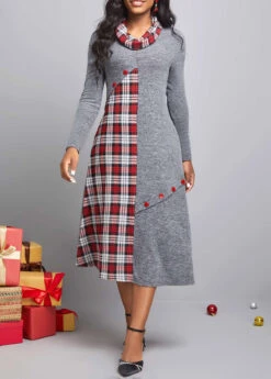 Dark Grey Button Tartan Print Dress -Modlily Shop 311134 P 16668575724084