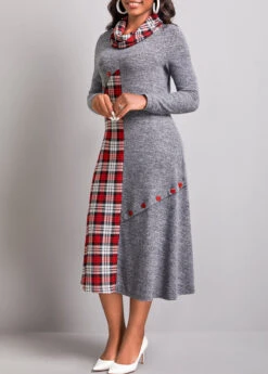 Dark Grey Button Tartan Print Dress -Modlily Shop 311134 P 16668575725622