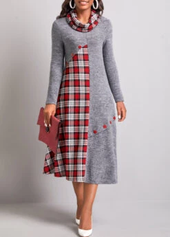 Dark Grey Button Tartan Print Dress -Modlily Shop 311134 P 16668575725843