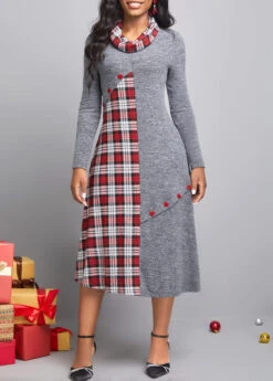 Dark Grey Button Tartan Print Dress -Modlily Shop 311134 P 16668575728538