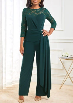 Blackish Green Lace Stitching 3/4 Sleeve Jumpsuit 15 Blackish Green Lace Stitching 3/4 Sleeve Jumpsuit -Modlily Shop 311222 P 16668522182173