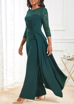 Blackish Green Lace Stitching 3/4 Sleeve Jumpsuit