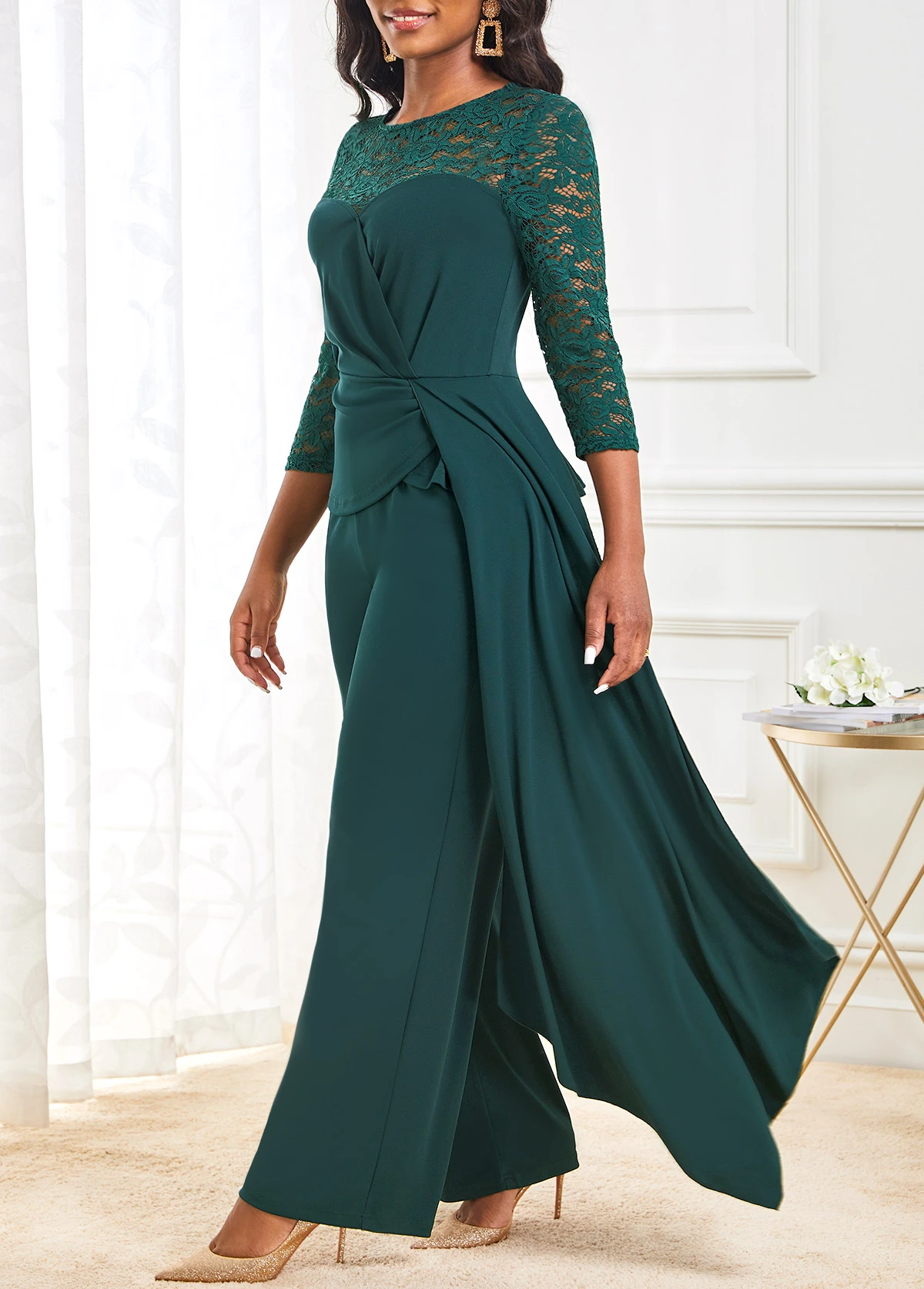 Blackish Green Lace Stitching 3/4 Sleeve Jumpsuit 3 Blackish Green Lace Stitching 3/4 Sleeve Jumpsuit