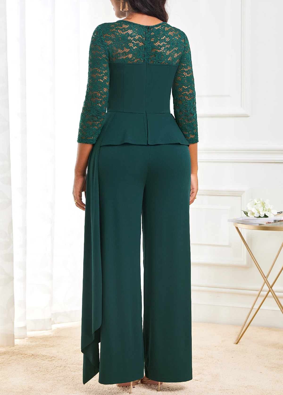Blackish Green Lace Stitching 3/4 Sleeve Jumpsuit 4 Blackish Green Lace Stitching 3/4 Sleeve Jumpsuit - Image 2