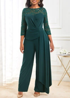 Blackish Green Lace Stitching 3/4 Sleeve Jumpsuit 14 Blackish Green Lace Stitching 3/4 Sleeve Jumpsuit -Modlily Shop 311222 P 16668522187482