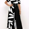 Brush Stroke Print Belted Black Pocket Jumpsuit