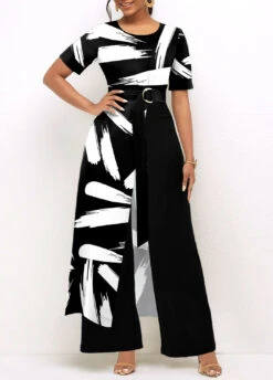 Brush Stroke Print Belted Black Pocket Jumpsuit