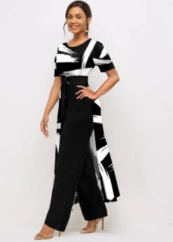 Brush Stroke Print Belted Black Pocket Jumpsuit -Modlily Shop 311320 P 1667269983741