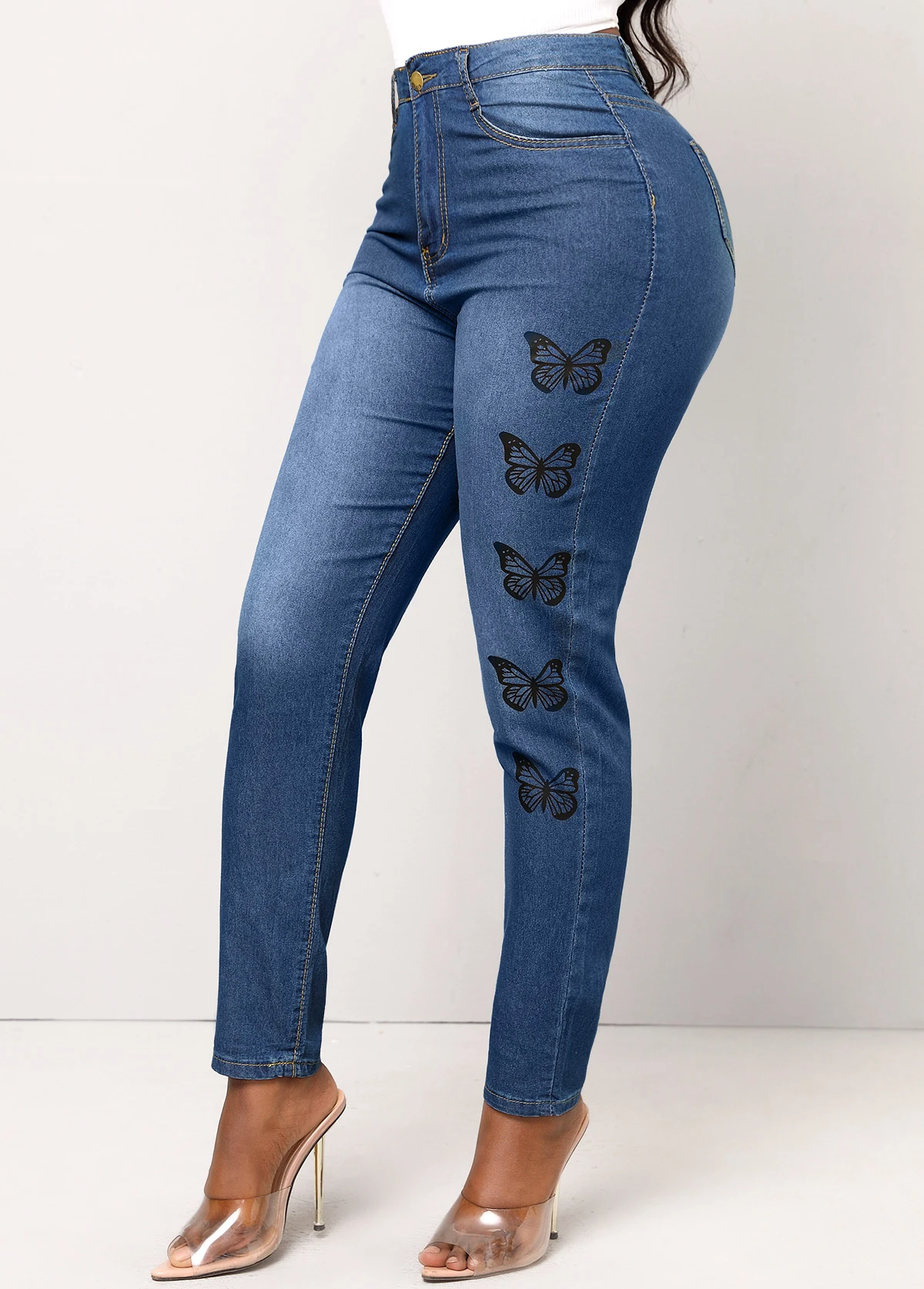 Denim Blue Double Side Pockets Butterfly Print Jeans 3 Denim Blue Double Side Pockets Butterfly Print Jeans