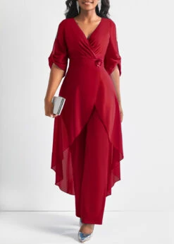 Flower Decoration Chiffon Wine Red Jumpsuit -Modlily Shop 311521 P 16608729451884