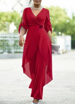 Flower Decoration Chiffon Wine Red Jumpsuit