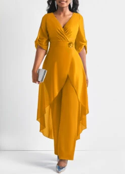 Flower Decoration Chiffon Ginger 3/4 Sleeve Jumpsuit -Modlily Shop 311522 P 16608730761913