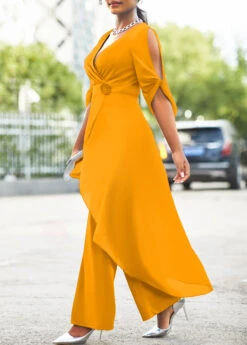 Flower Decoration Chiffon Ginger 3/4 Sleeve Jumpsuit -Modlily Shop 311522 P 16608730768214