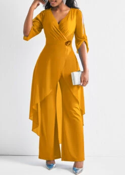 Flower Decoration Chiffon Ginger 3/4 Sleeve Jumpsuit -Modlily Shop 311522 P 16608730769642