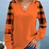 Orange Tartan Print Long Sleeve Halloween Sweatshirt -Modlily Shop 311895 P 1661736745044