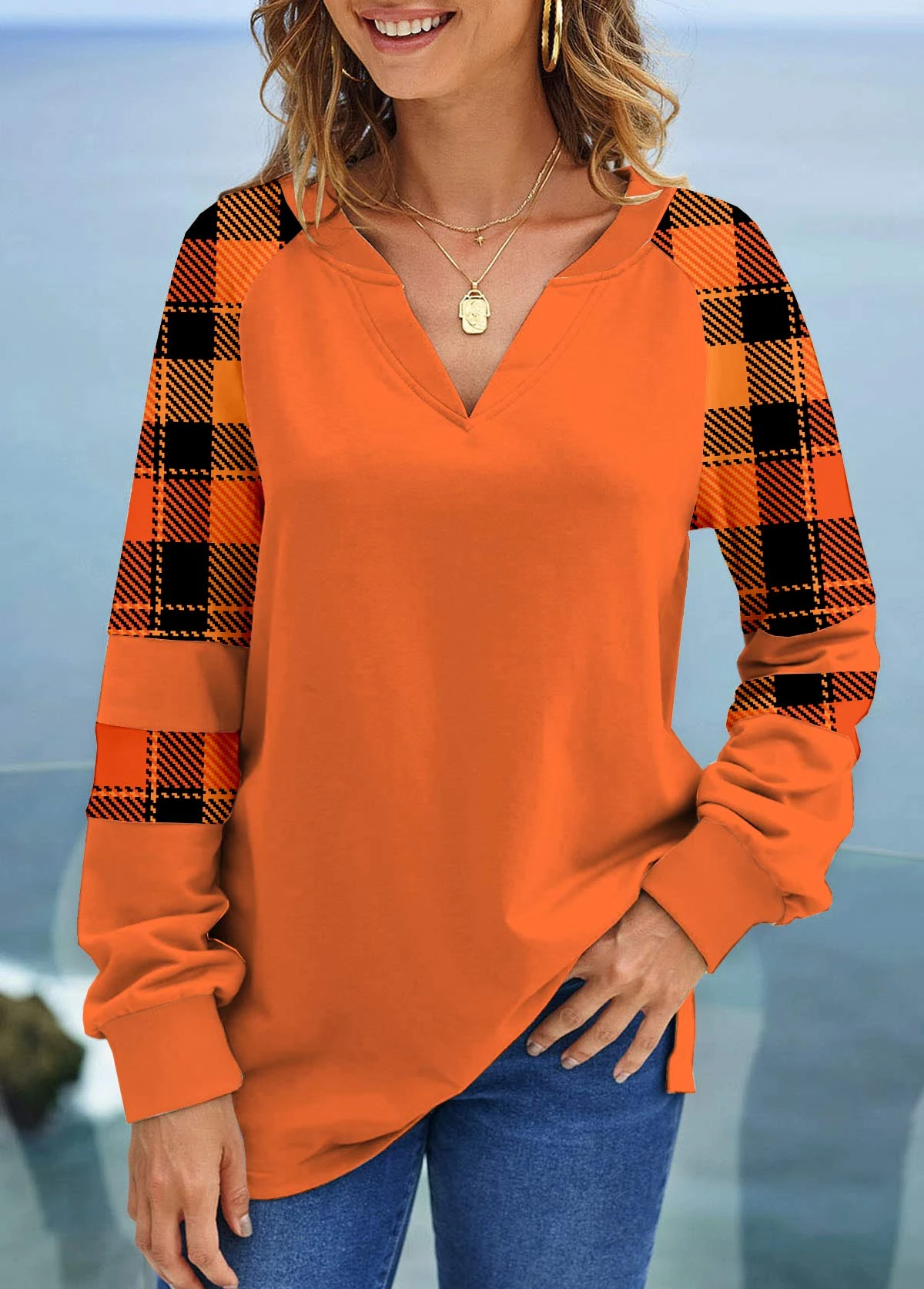 Orange Tartan Print Long Sleeve Halloween Sweatshirt 3 Orange Tartan Print Long Sleeve Halloween Sweatshirt