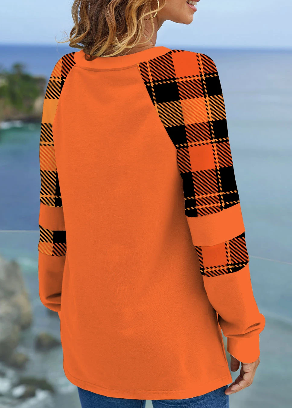 Orange Tartan Print Long Sleeve Halloween Sweatshirt 4 Orange Tartan Print Long Sleeve Halloween Sweatshirt - Image 2